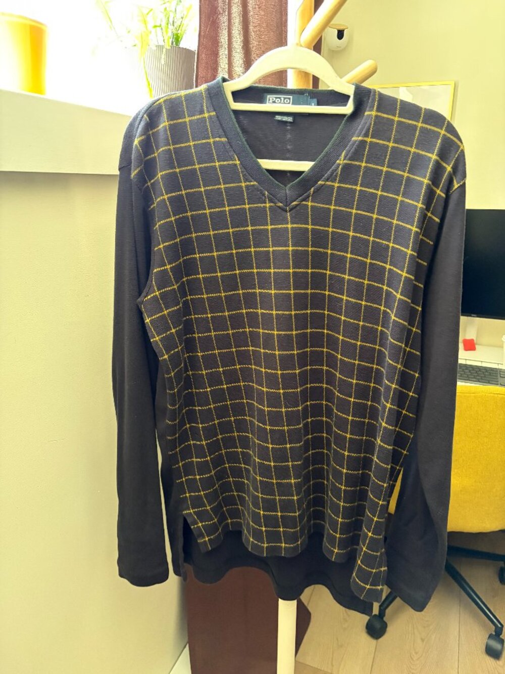 Vintage Polo by Ralph Lauren Windowpane Knit Sweater – Navy/Gold Size Large